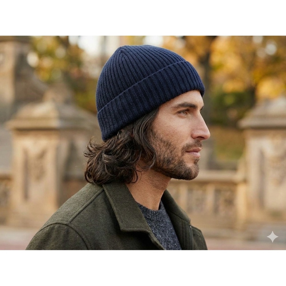 Lands End Mens Navy Blue 100% Wool Ribbed Cuffed Beanie Hat One Size RN 62830